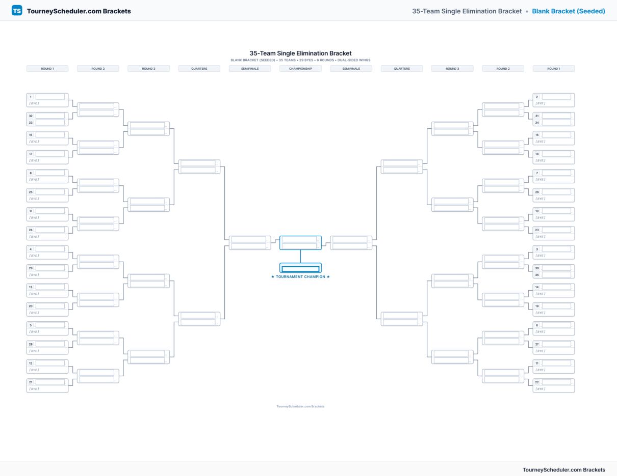 Printable 35-team single elimination bracket with seeded first-round matchups