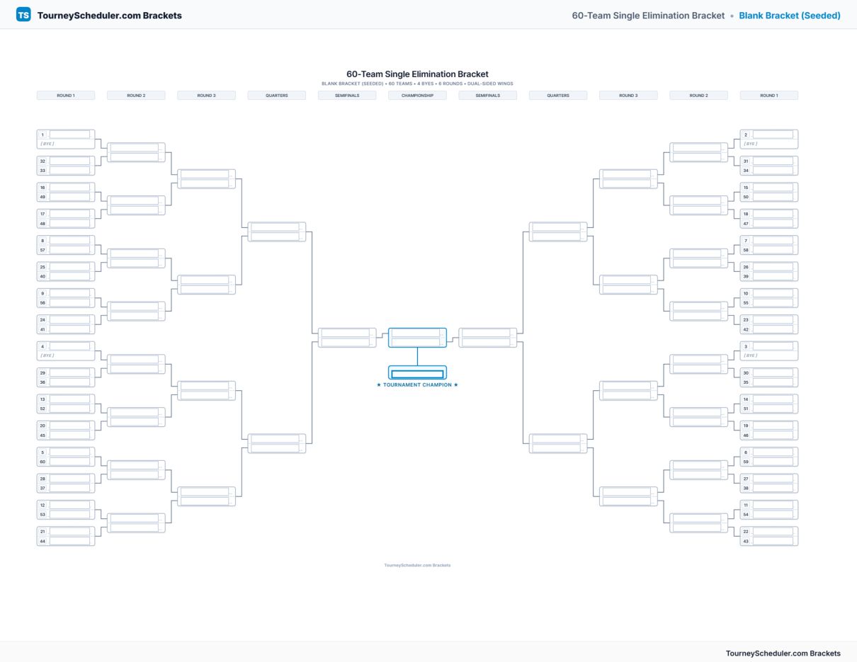 Printable 60-team single elimination bracket with seeded first-round matchups